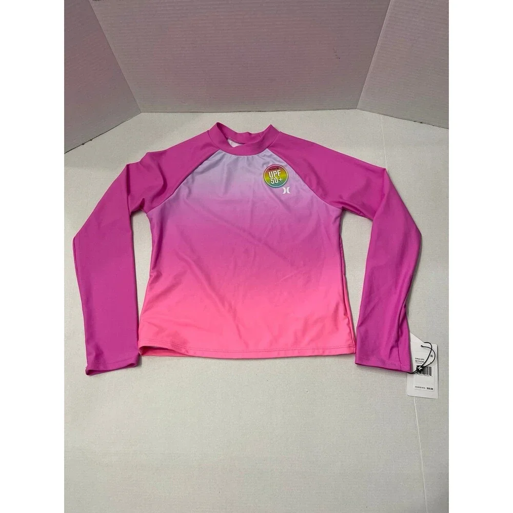 Hurley Girls Long Sleeve Rash Guard Swimsuit Size 14 China Rose New With Tags